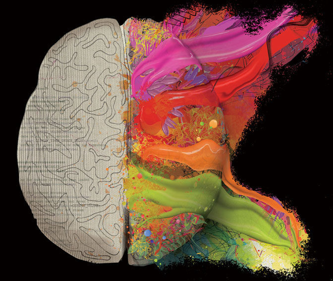 Artwork of a brain with splashes of color