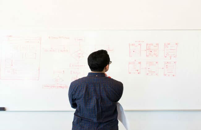 Man looking at a whiteboard with dialogs on it