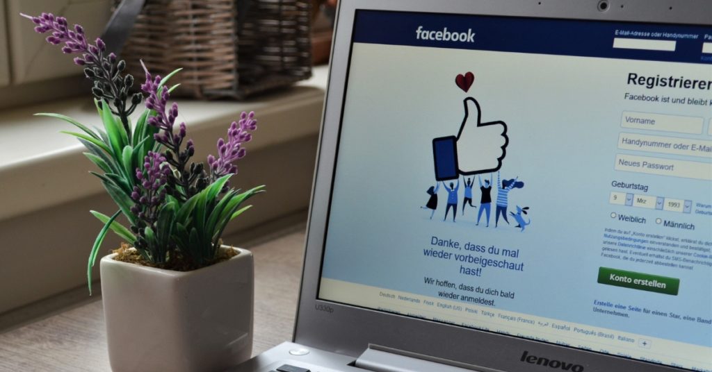 Facebook open on laptop next to lavender pot plant