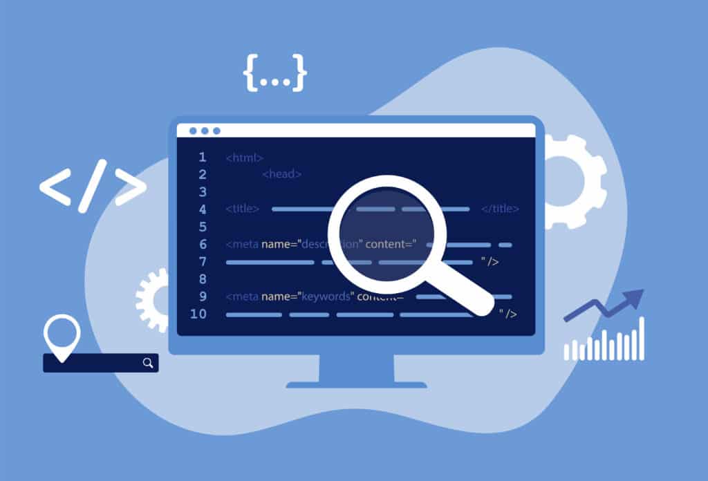 Illustration of computer zooming in on HTML coding with magnifying glass