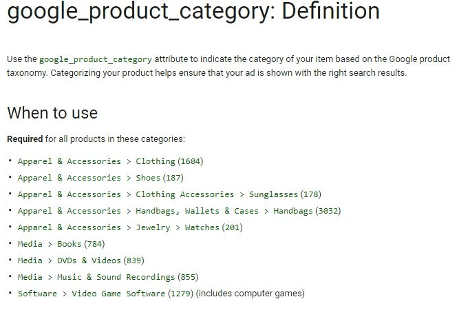 Google product category definition