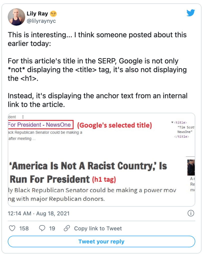 Tweet by Lily Rae about Google rewriting title tags