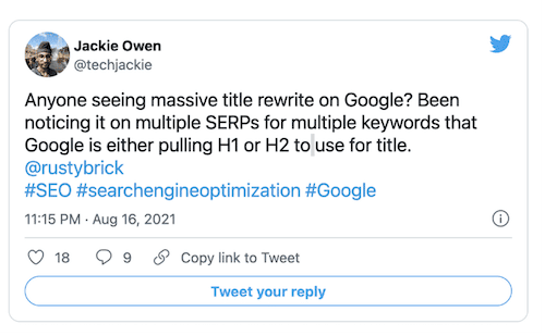 A tweet by Jackie Owen about Google rewriting title tags