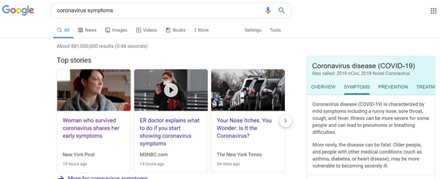 Google Top Stories - Coronavirus news articles in Google top stories example